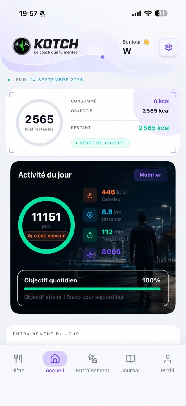 Tableau de bord Kotch avec kcal restantes, pas, distance et objectif quotidien
