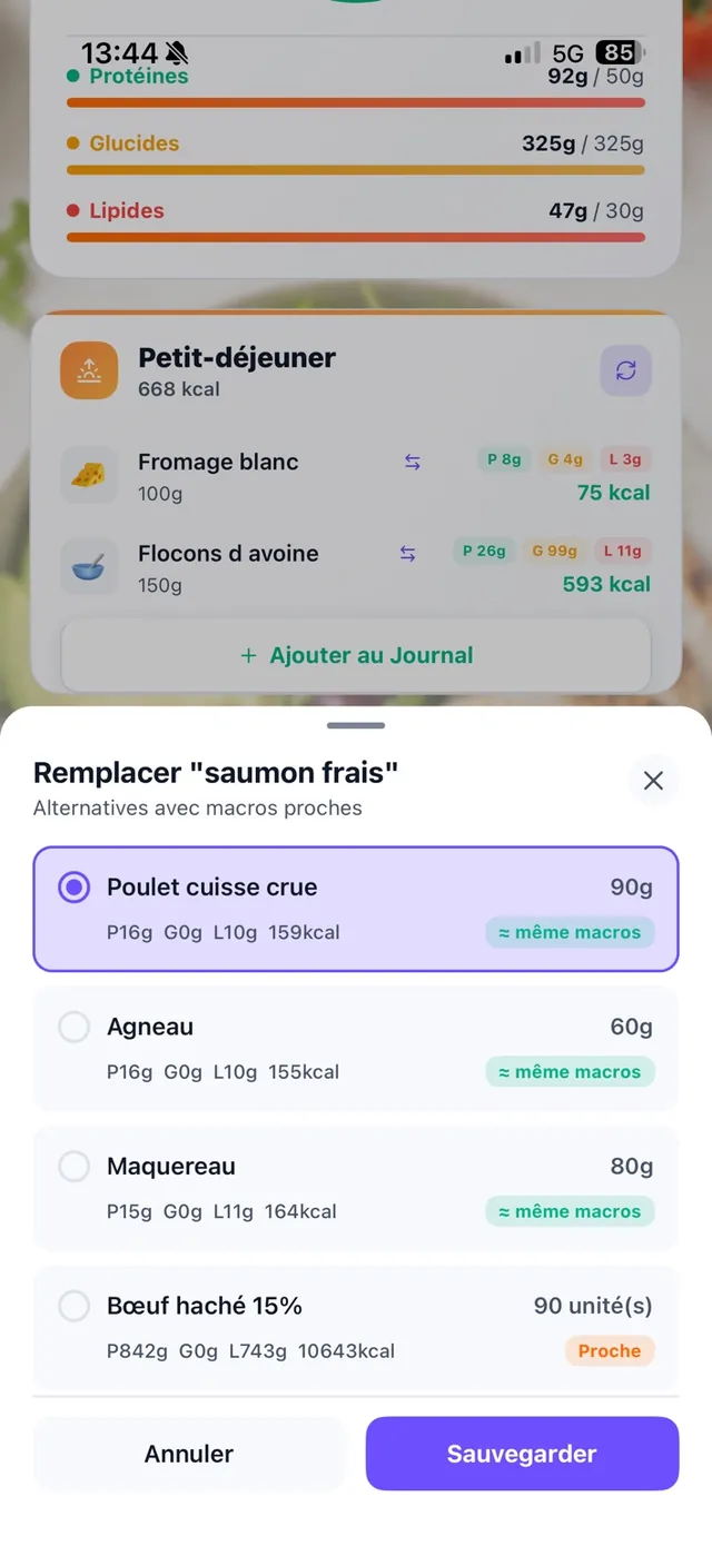Remplacement d'un aliment par des alternatives aux macros proches