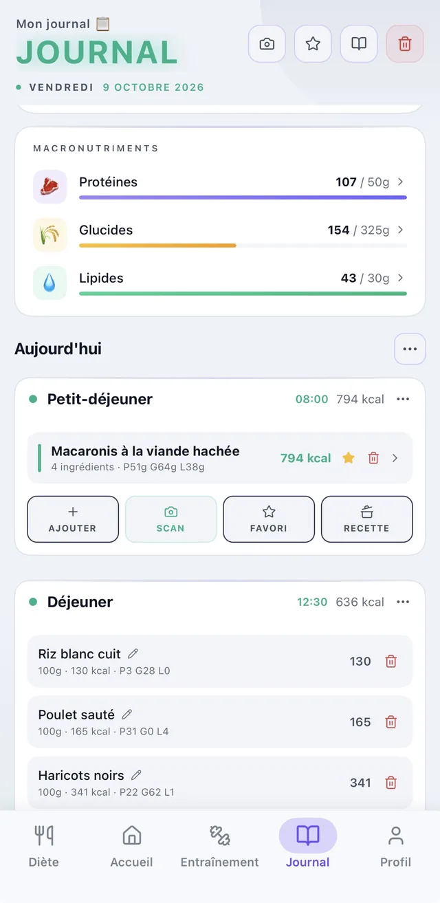 Journal Kotch : macronutriments du jour et repas avec aliments, quantités et calories