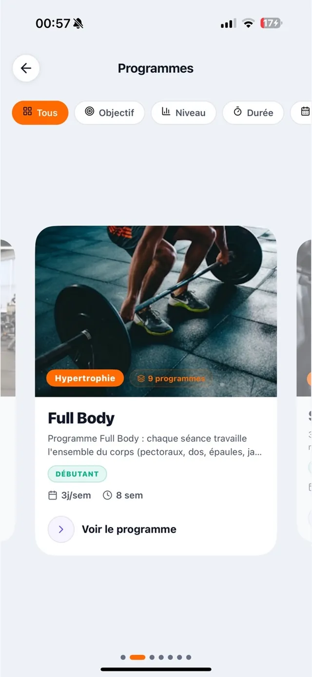 Bibliothèque de programmes Kotch avec filtres objectif, niveau et durée