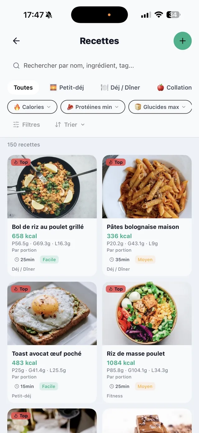 Bibliothèque de recettes Kotch avec recherche, filtres et valeurs nutritionnelles