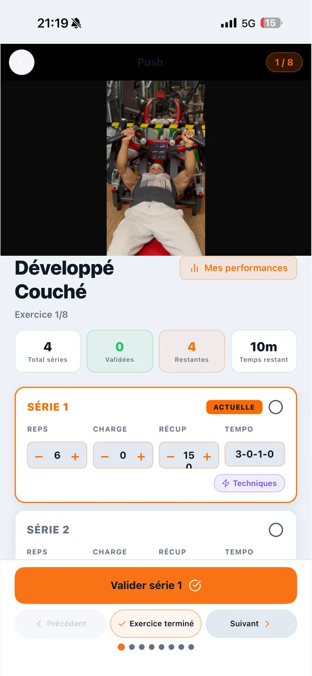 Séance d'entraînement Kotch : série en cours avec reps, charge et récupération